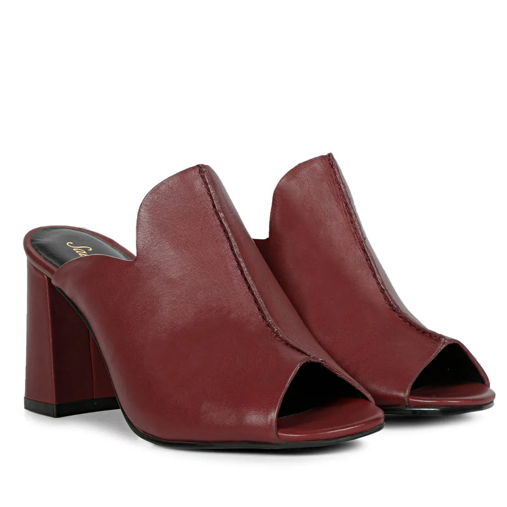 Amor Burgundy Leather Block Heel Mules