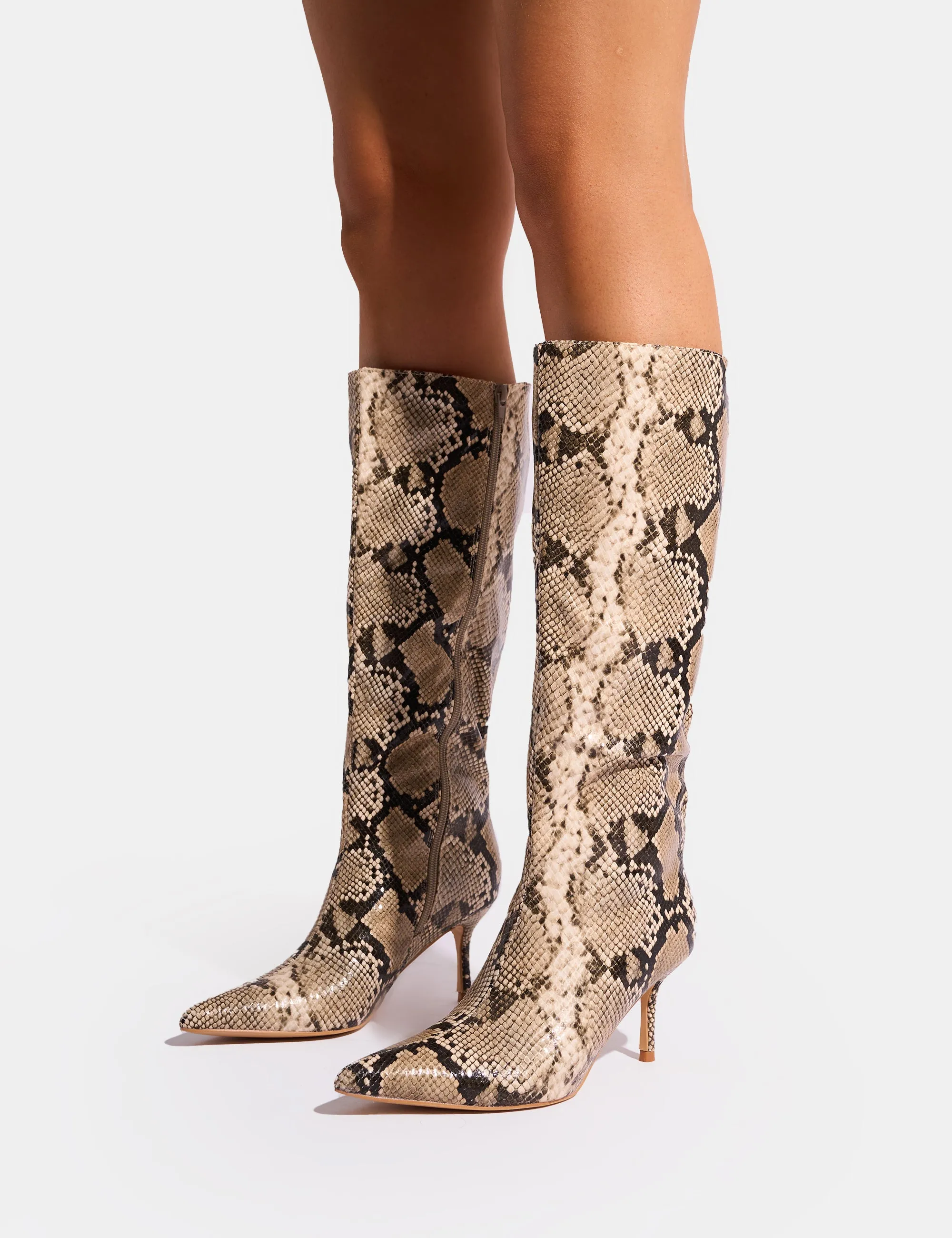 Amped Snake Pointed Toe Mid Heel Knee High Boots