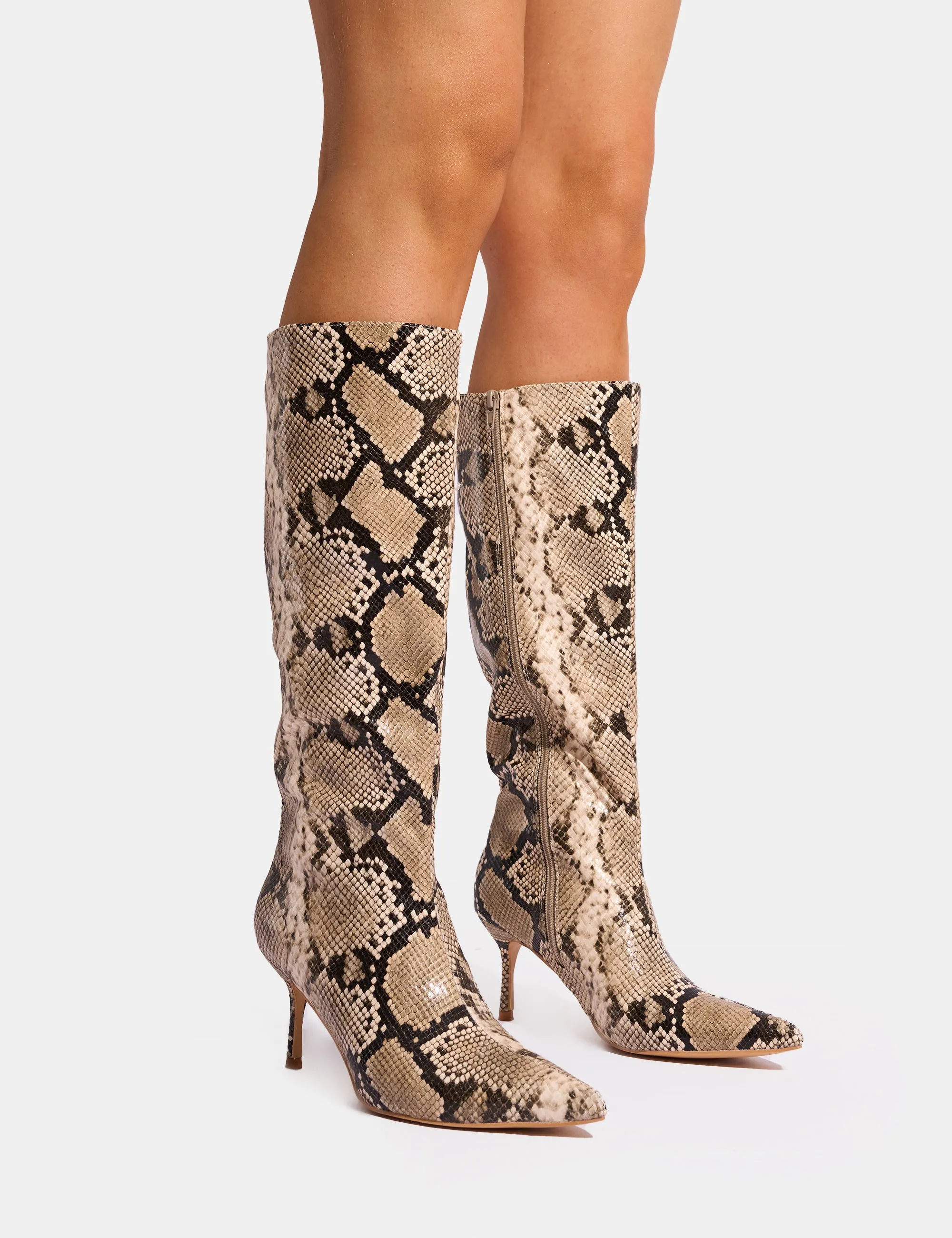 Amped Snake Pointed Toe Mid Heel Knee High Boots