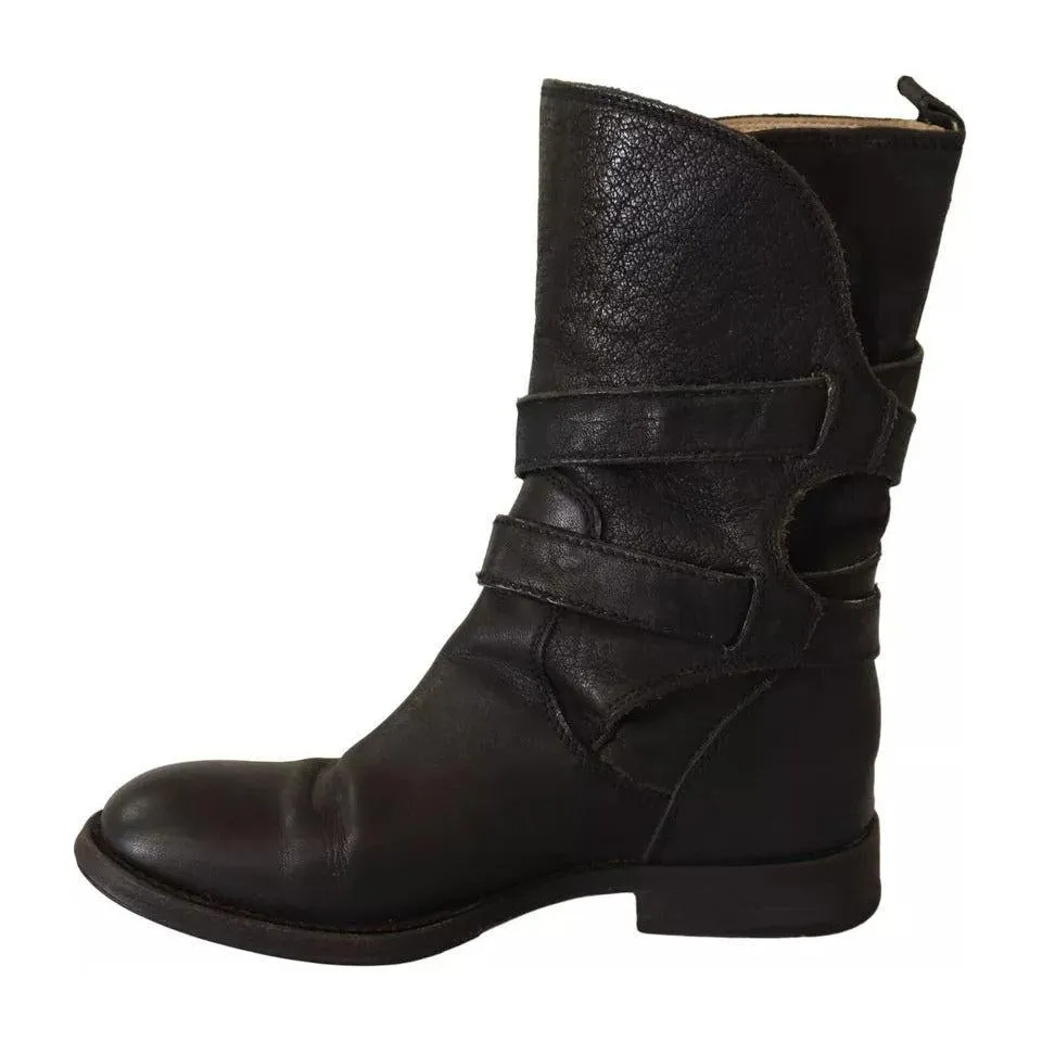 Dolce & Gabbana Black Leather Buckle Mid Calf Boots Shoes