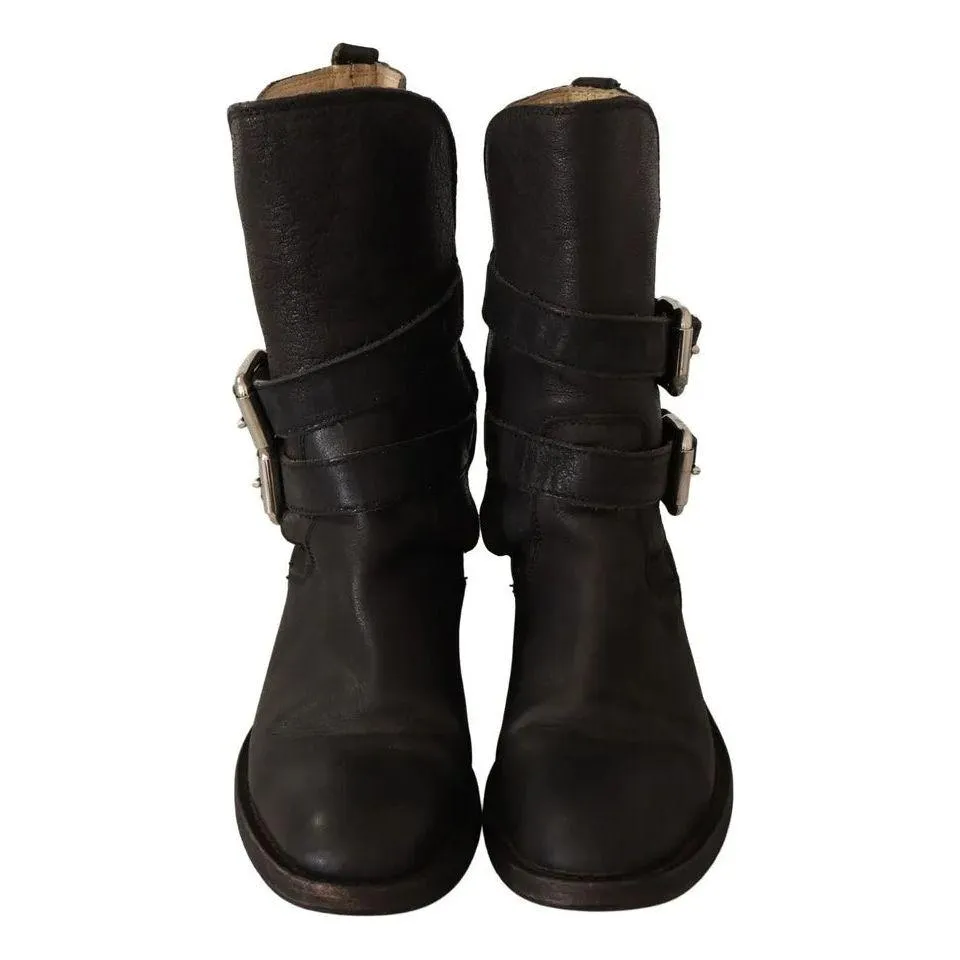 Dolce & Gabbana Black Leather Buckle Mid Calf Boots Shoes