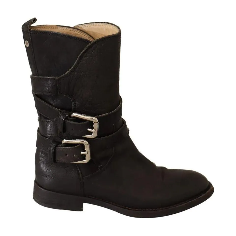 Dolce & Gabbana Black Leather Buckle Mid Calf Boots Shoes