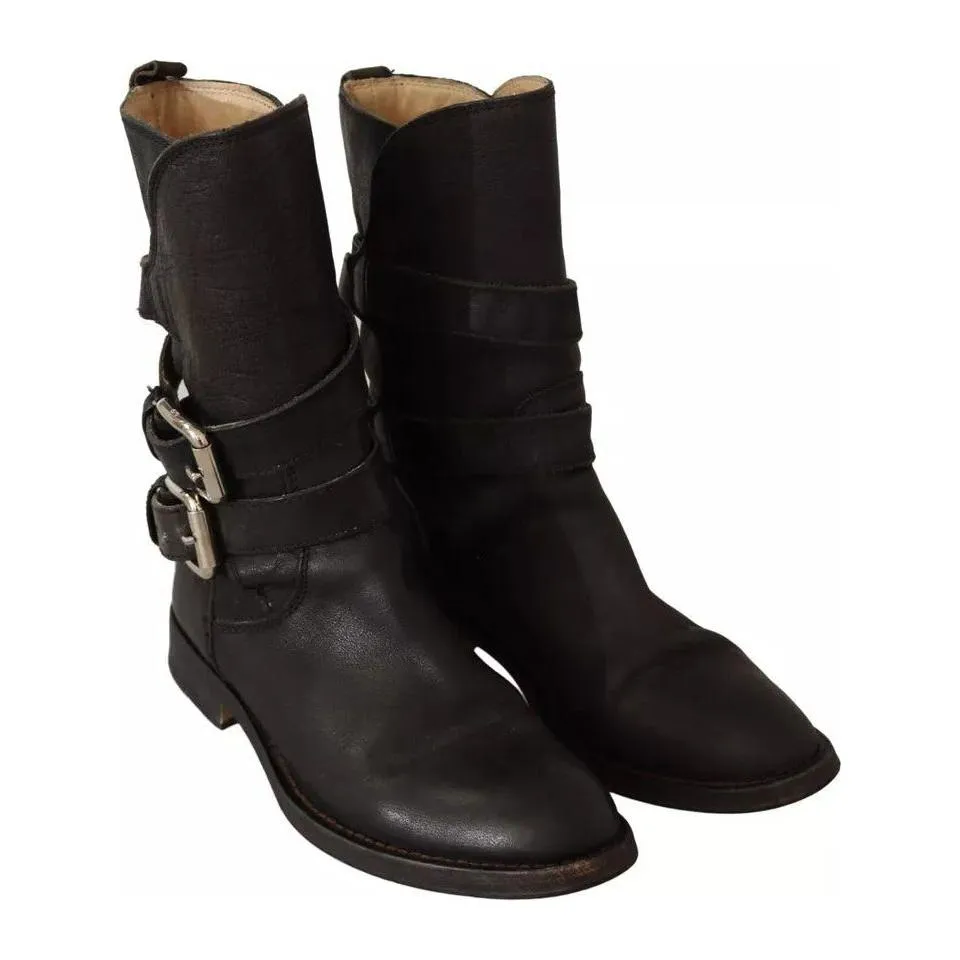 Dolce & Gabbana Black Leather Buckle Mid Calf Boots Shoes