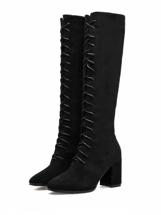 Fashion Chunky Heel Lace Up Knee High Boots