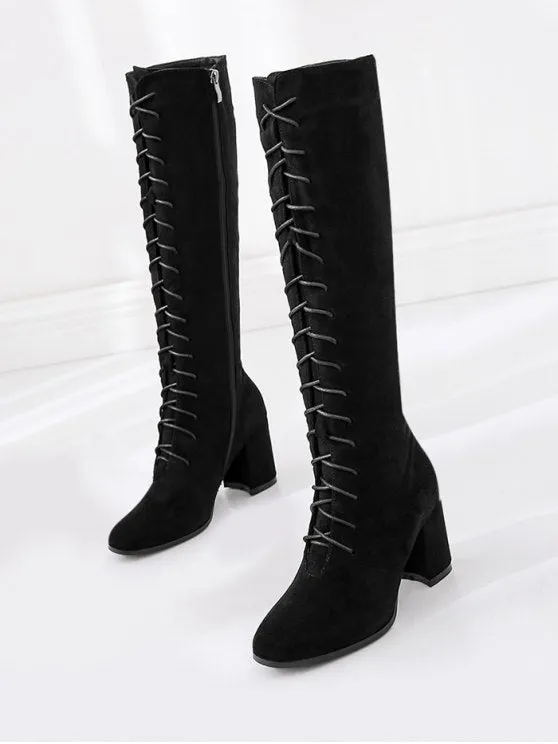 Fashion Chunky Heel Lace Up Knee High Boots