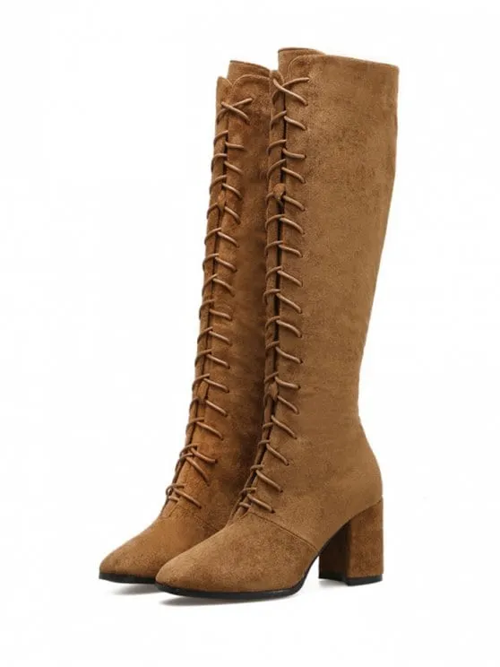 Fashion Chunky Heel Lace Up Knee High Boots