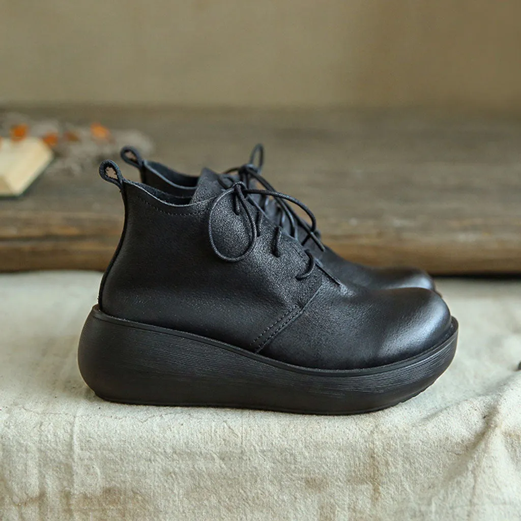 Handmade Retro Leather Lace-up Wedge Winter Boots