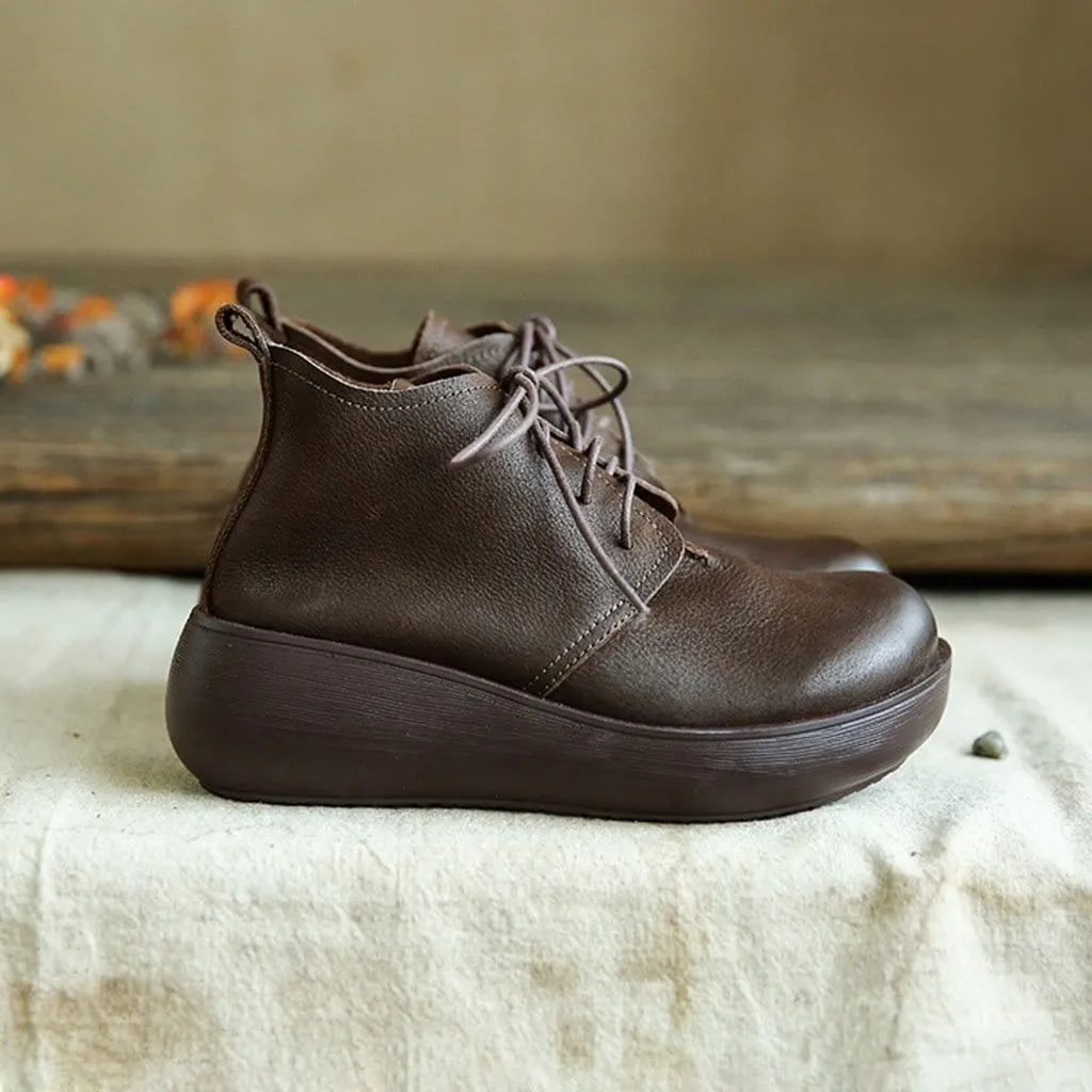 Handmade Retro Leather Lace-up Wedge Winter Boots