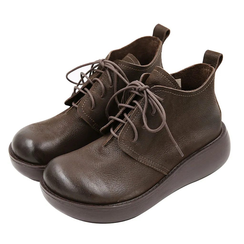 Handmade Retro Leather Lace-up Wedge Winter Boots