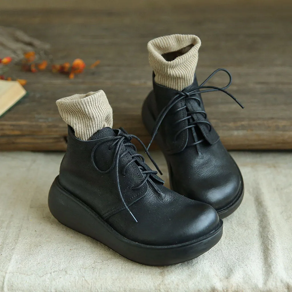 Handmade Retro Leather Lace-up Wedge Winter Boots