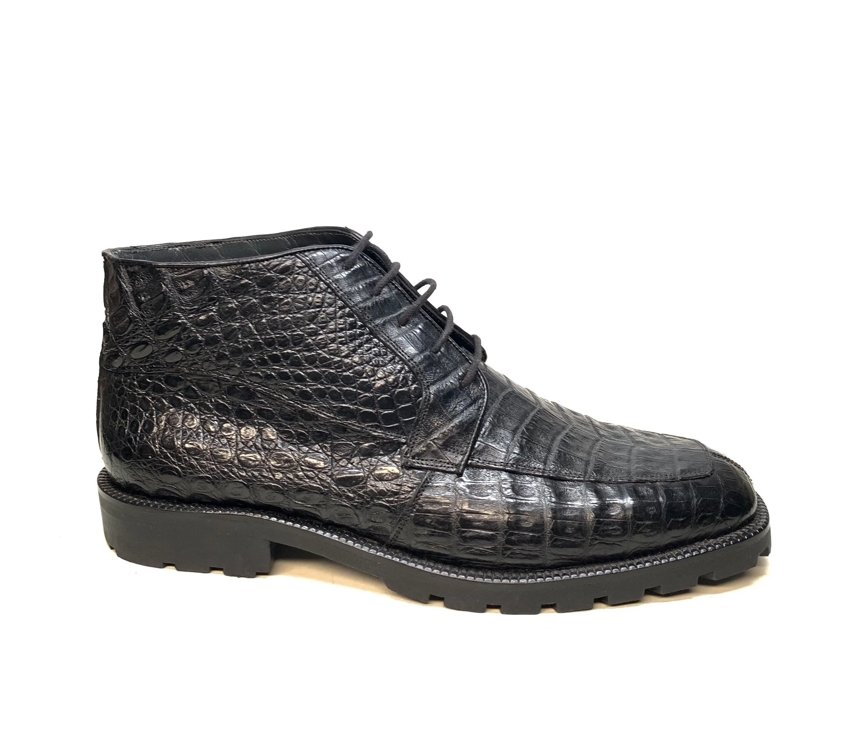 Los Altos  Black All-Over Crocodile Belly Lace Up Ankle Boots