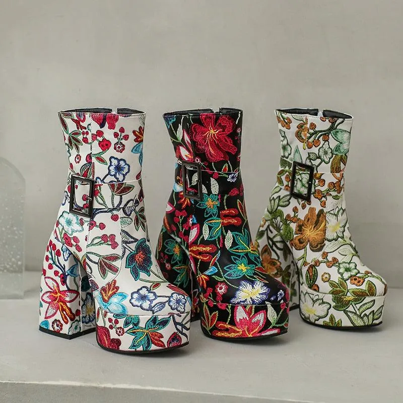 Retro Platform Mid-Calf Floral Boots