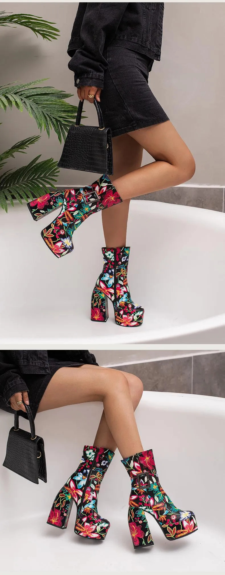 Retro Platform Mid-Calf Floral Boots