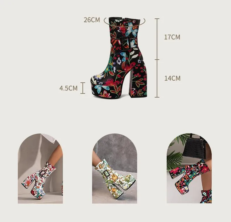 Retro Platform Mid-Calf Floral Boots