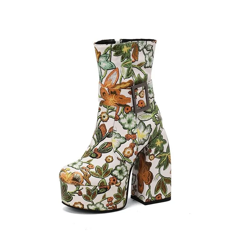 Retro Platform Mid-Calf Floral Boots