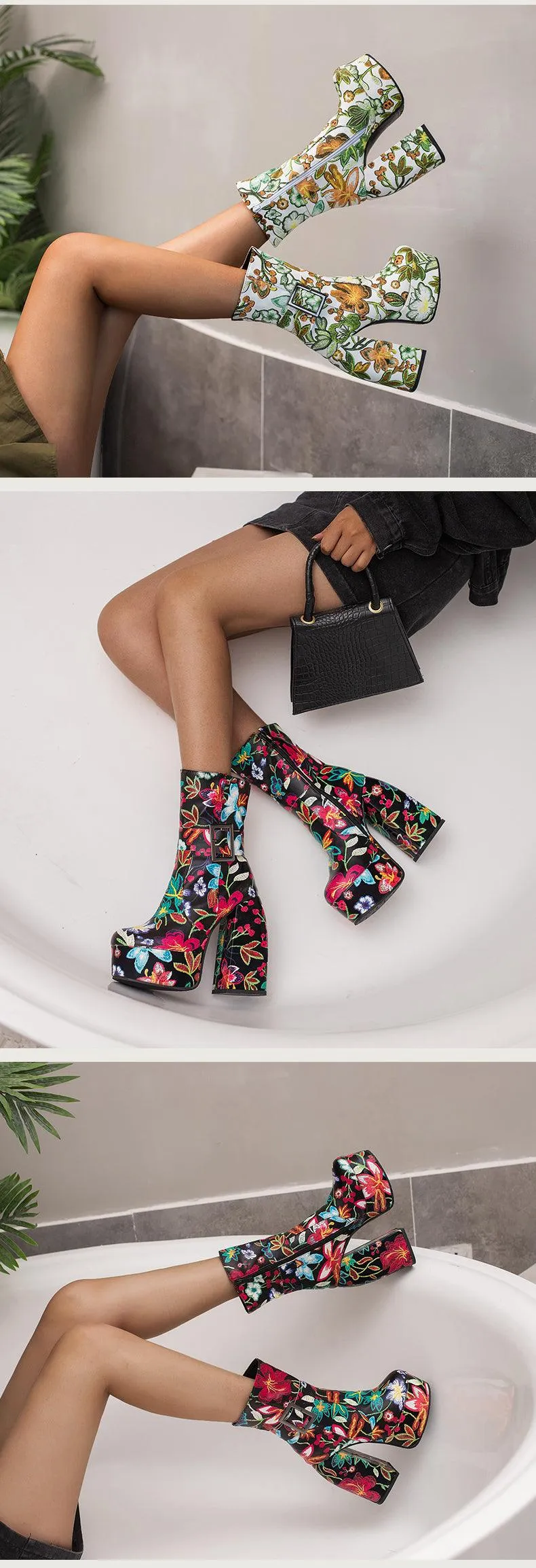 Retro Platform Mid-Calf Floral Boots