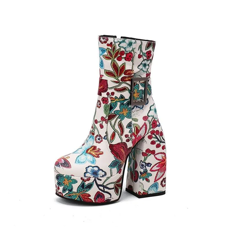 Retro Platform Mid-Calf Floral Boots