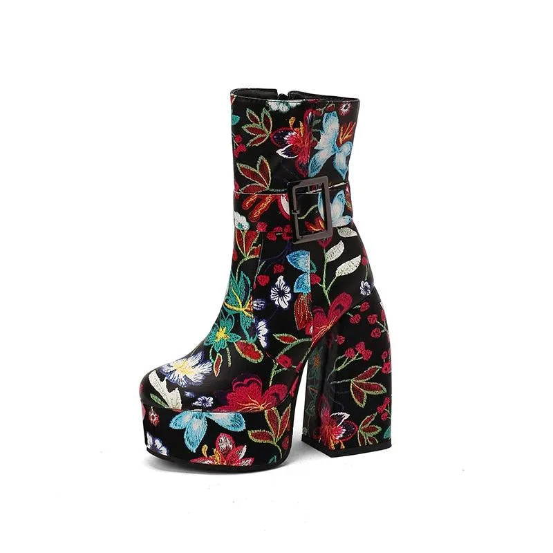 Retro Platform Mid-Calf Floral Boots