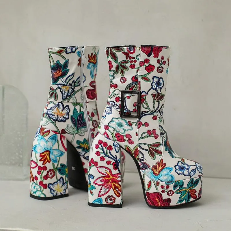 Retro Platform Mid-Calf Floral Boots