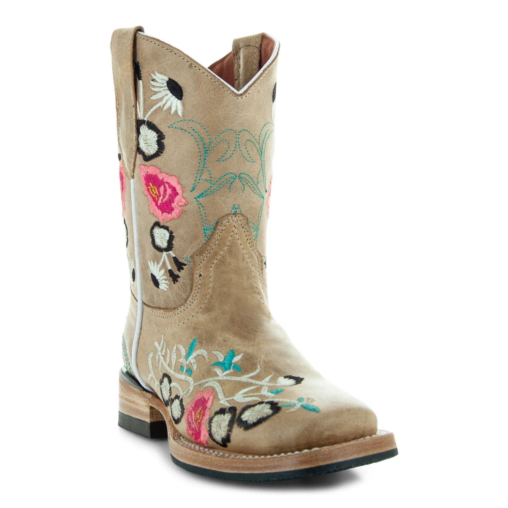 Soto Boots K3011 Girls Sand Floral Embroidered Square Toe Cowboy Boots