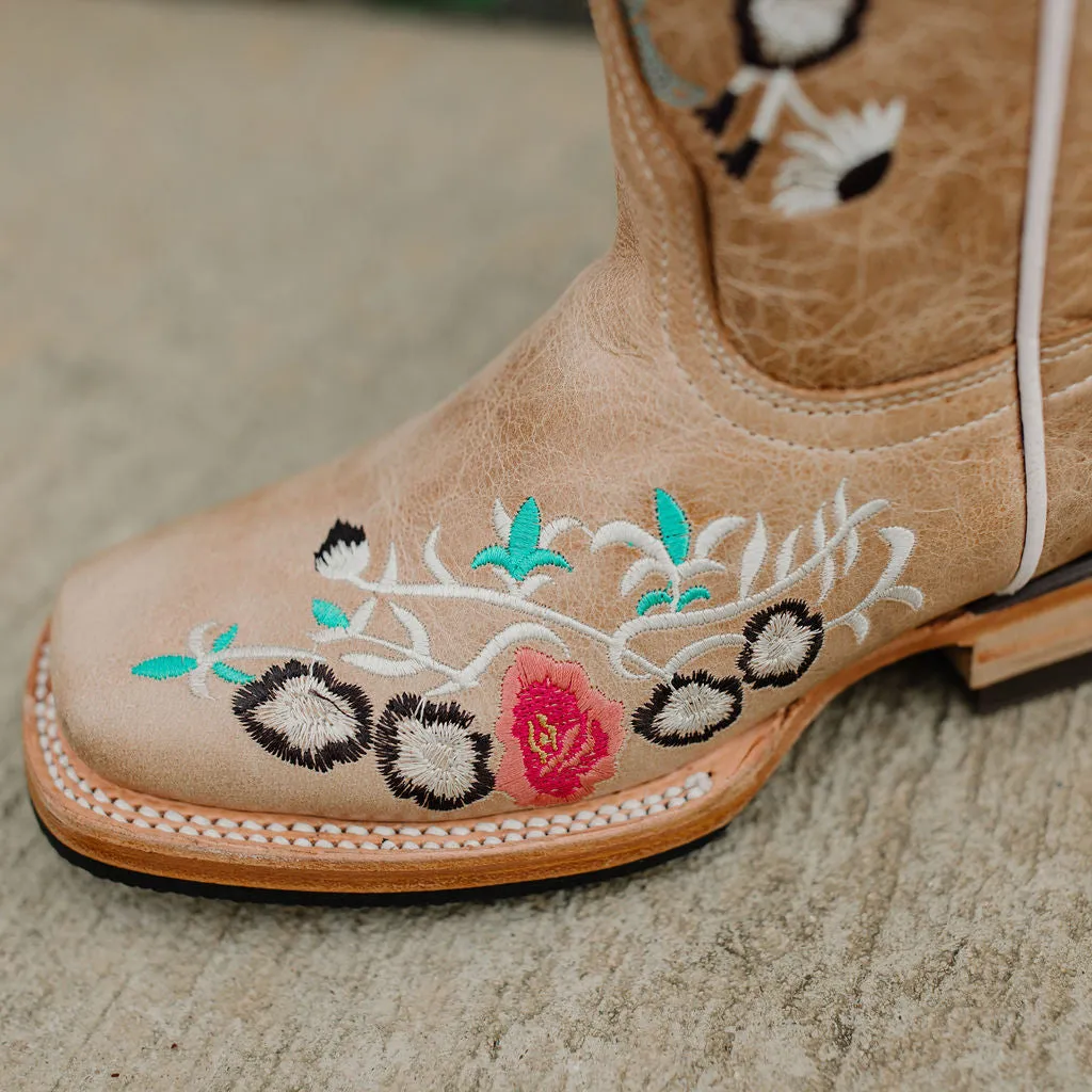 Soto Boots K3011 Girls Sand Floral Embroidered Square Toe Cowboy Boots