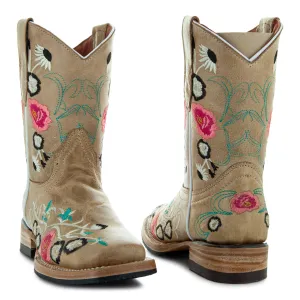 Soto Boots K3011 Girls Sand Floral Embroidered Square Toe Cowboy Boots