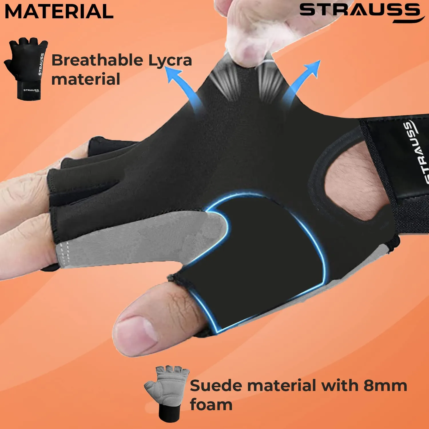 Strauss Suede Gym Gloves for Weightlifting, Training, Cycling, Exercise & Gym | Half Finger Design, 8mm Foam Cushioning, Anti-Slip & Breathable Lycra Material, (Grey/Black), (Extra Large)