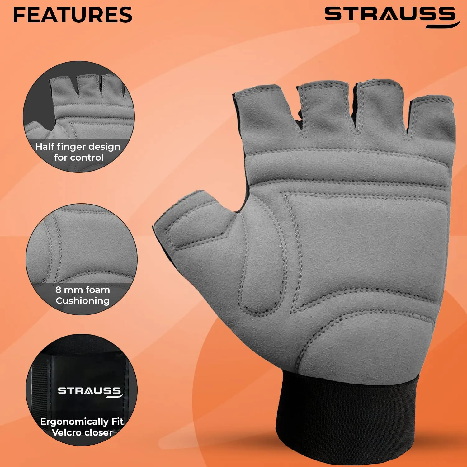 Strauss Suede Gym Gloves for Weightlifting, Training, Cycling, Exercise & Gym | Half Finger Design, 8mm Foam Cushioning, Anti-Slip & Breathable Lycra Material, (Grey/Black), (Extra Large)