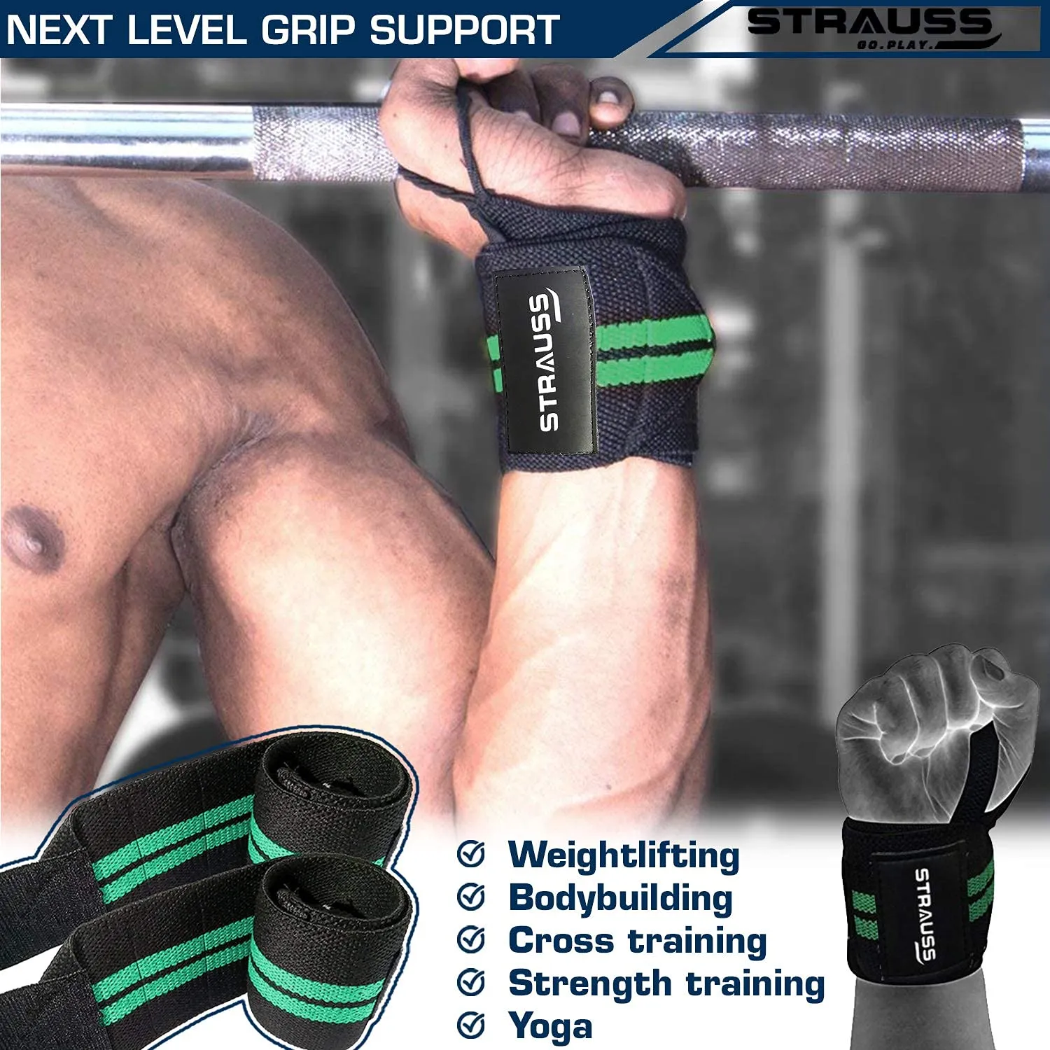 STRAUSS WL Cotton Wrist Supporter with Thumb Loop Straps & Closures for Gym, Workouts & Strength Training| Adjustable & Breathable with Powerful Velcro & Soft Material, (Black/Green)