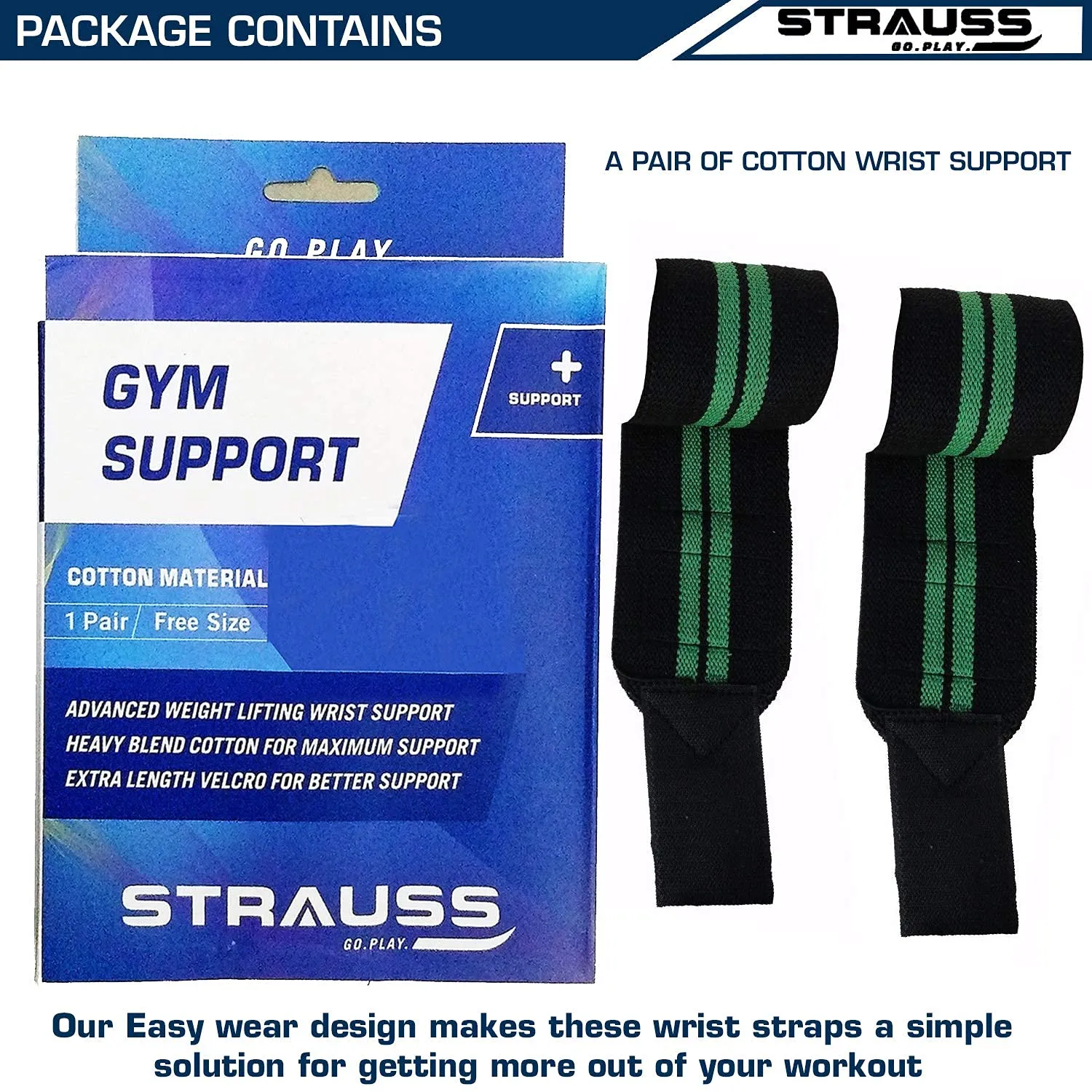 STRAUSS WL Cotton Wrist Supporter with Thumb Loop Straps & Closures for Gym, Workouts & Strength Training| Adjustable & Breathable with Powerful Velcro & Soft Material, (Black/Green)