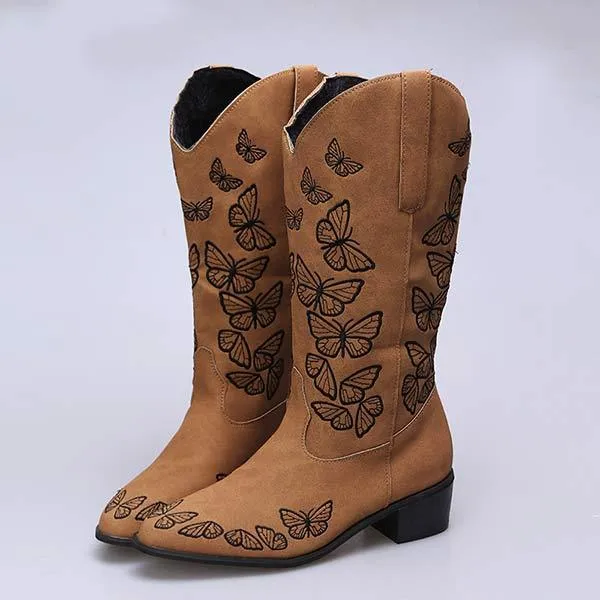 Women'S Butterfly Embroidered Pointed Toe Chunky Heel Boots 85423220C