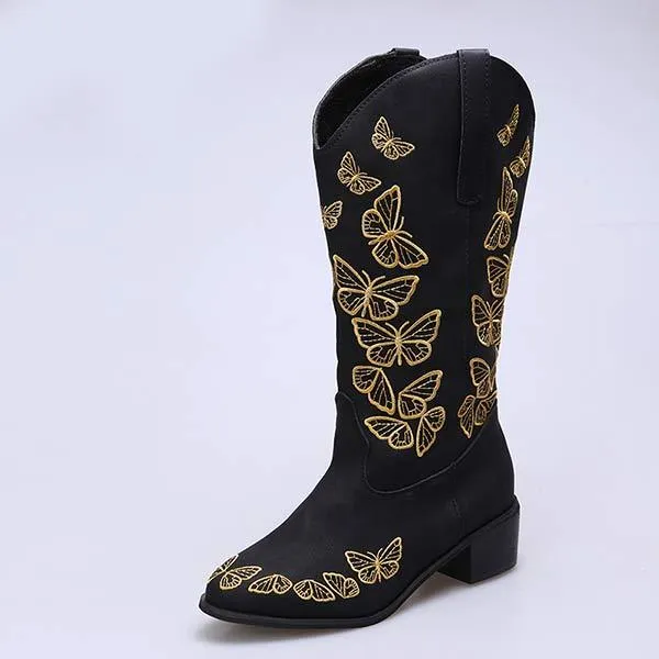 Women'S Butterfly Embroidered Pointed Toe Chunky Heel Boots 85423220C