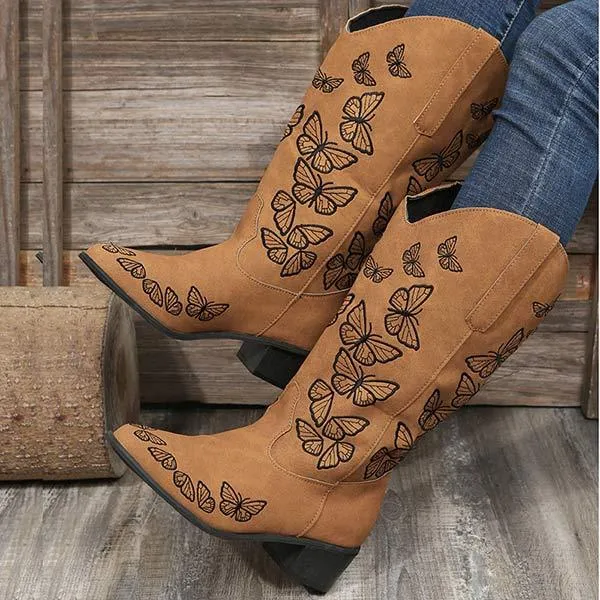 Women'S Butterfly Embroidered Pointed Toe Chunky Heel Boots 85423220C