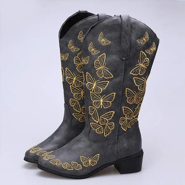 Women'S Butterfly Embroidered Pointed Toe Chunky Heel Boots 85423220C